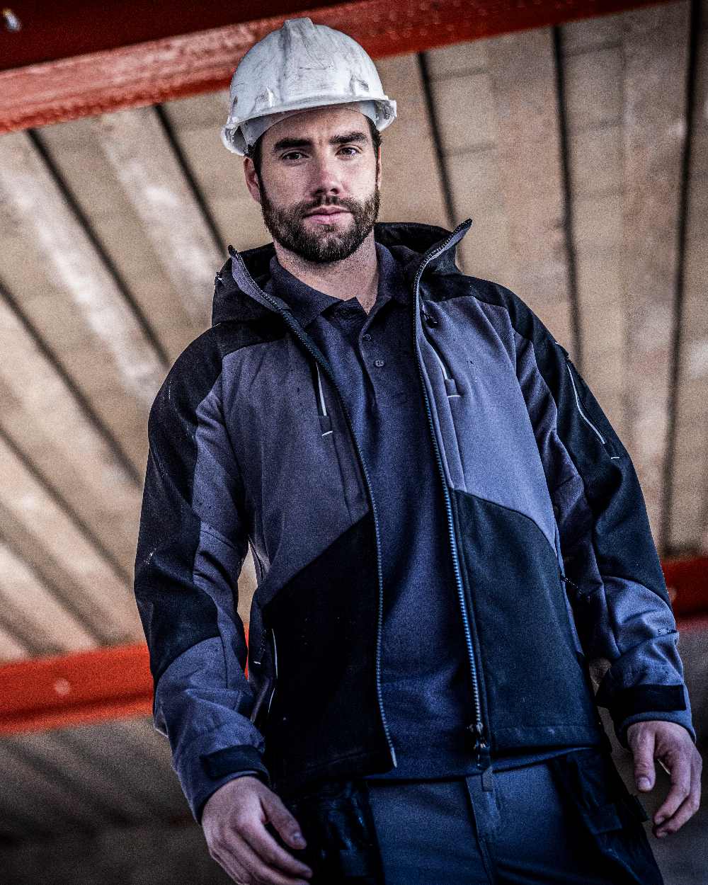 Slate Grey Black coloured Regatta Mens 4Tex Stretch 3 Layer Softshell Jacket on blurry background