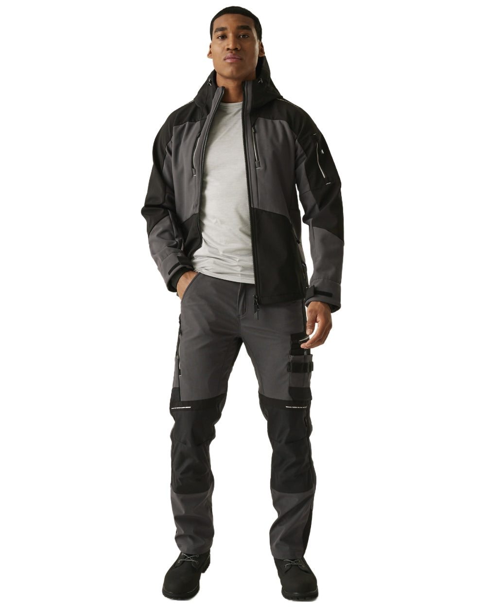 Slate Grey Black coloured Regatta Mens 4Tex Stretch 3 Layer Softshell Jacket on white background