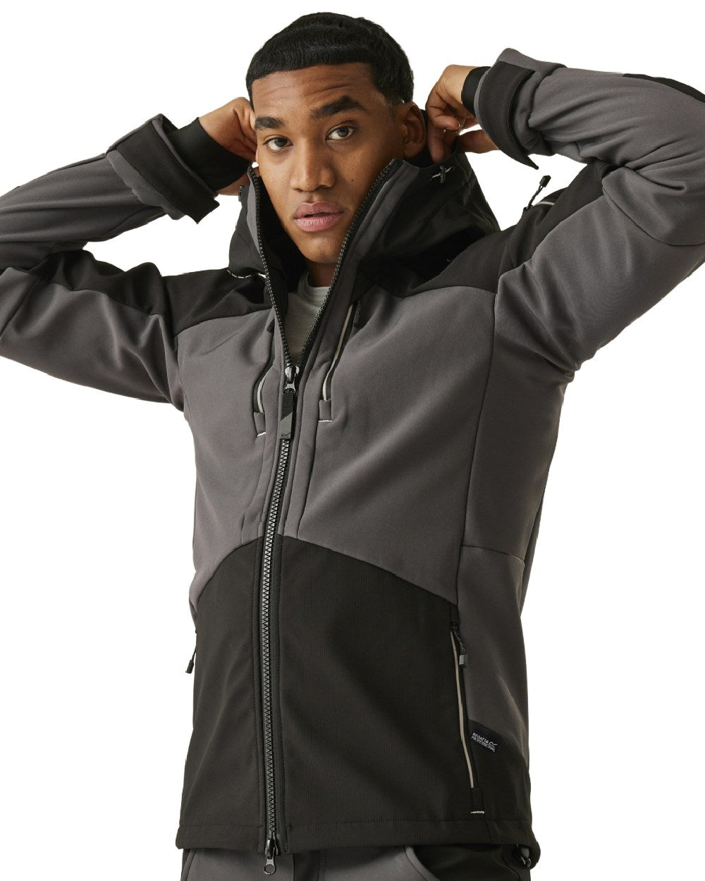Slate Grey Black coloured Regatta Mens 4Tex Stretch 3 Layer Softshell Jacket on white background