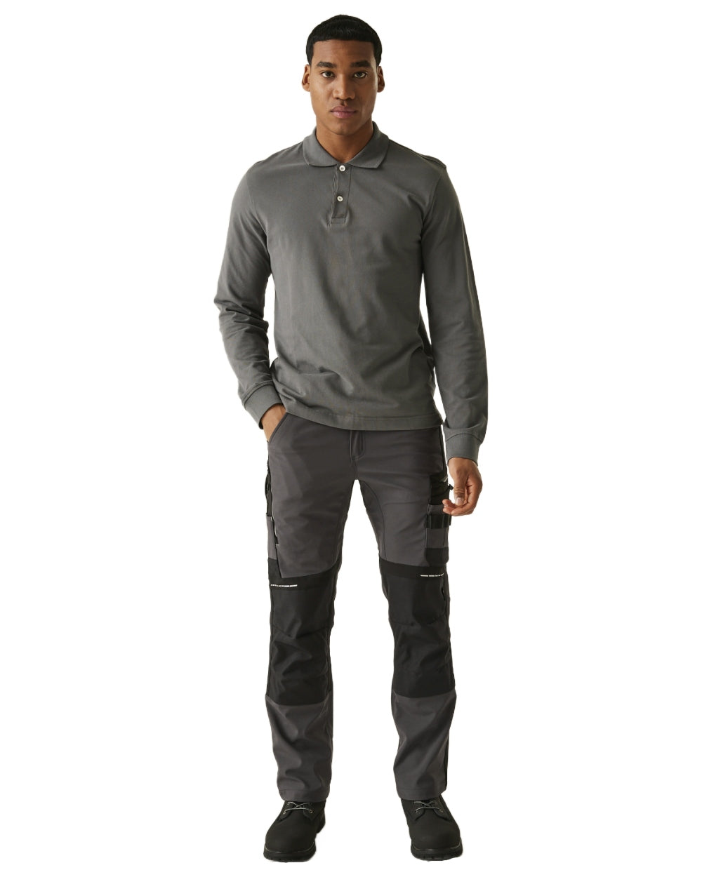 Slate Grey Black coloured Regatta Mens 4Tex Stretch Holster Trousers on white background