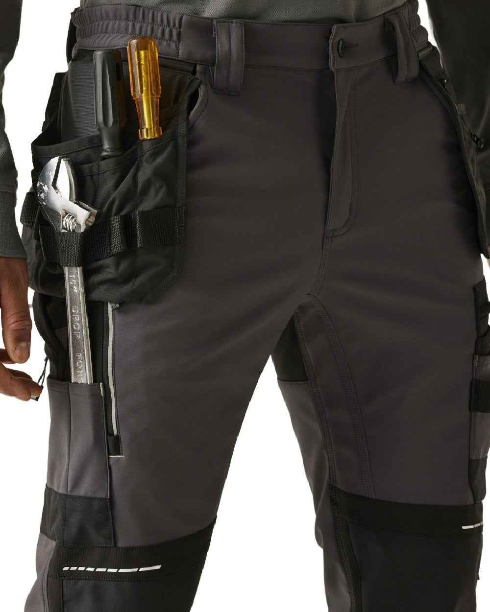 Slate Grey Black coloured Regatta Mens 4Tex Stretch Holster Trousers on white background