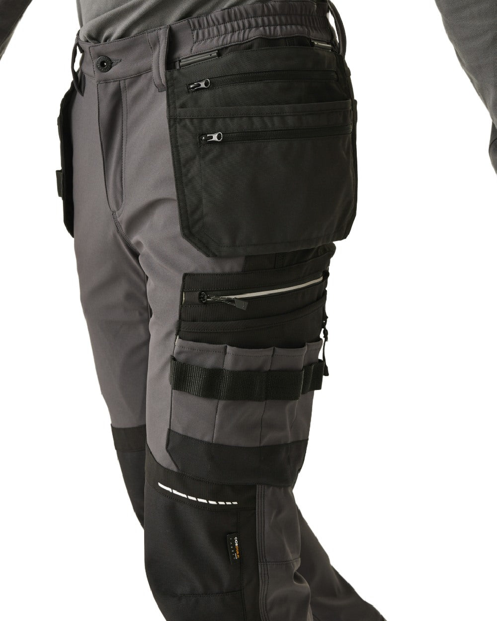 Slate Grey Black coloured Regatta Mens 4Tex Stretch Holster Trousers on white background