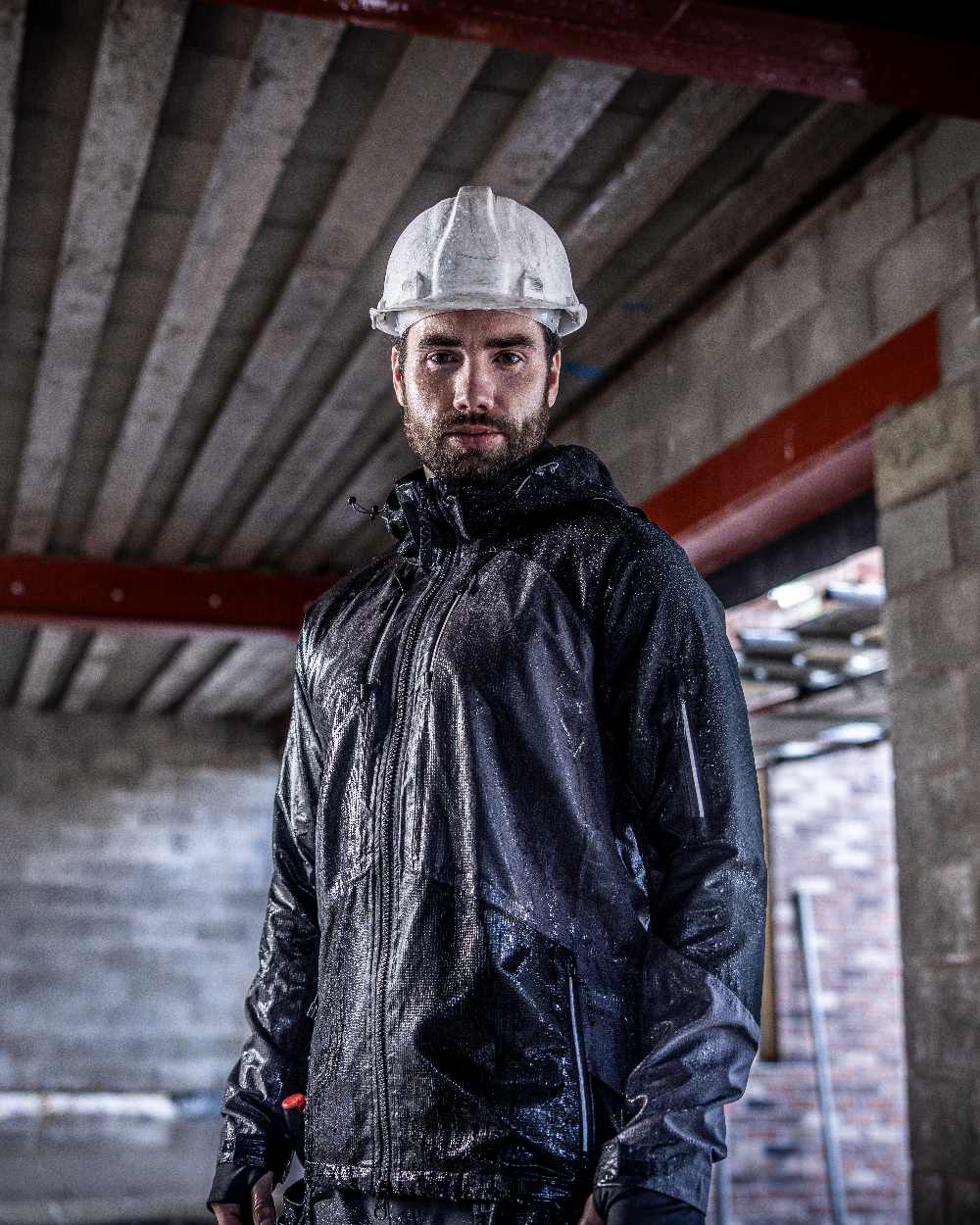 Slate Grey Black coloured Regatta Mens 4Tex Stretch Waterproof Shell Jacket on blurry background