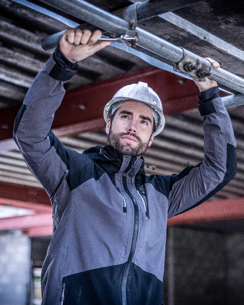 Slate Grey Black coloured Regatta Mens 4Tex Stretch Waterproof Shell Jacket on blurry background