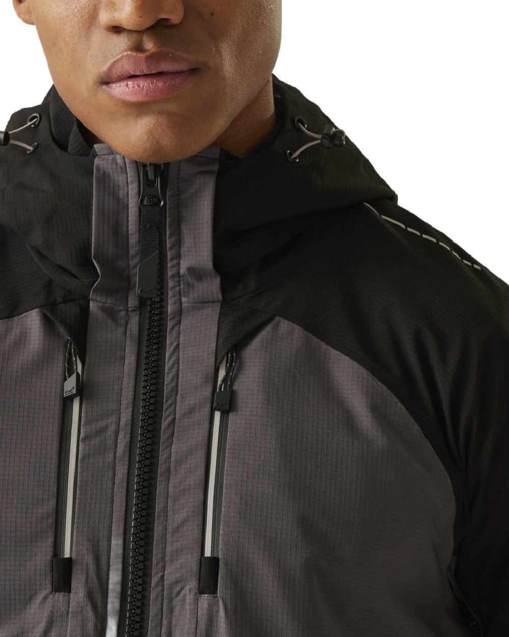 Slate Grey Black coloured Regatta Mens 4Tex Stretch Waterproof Shell Jacket on white background