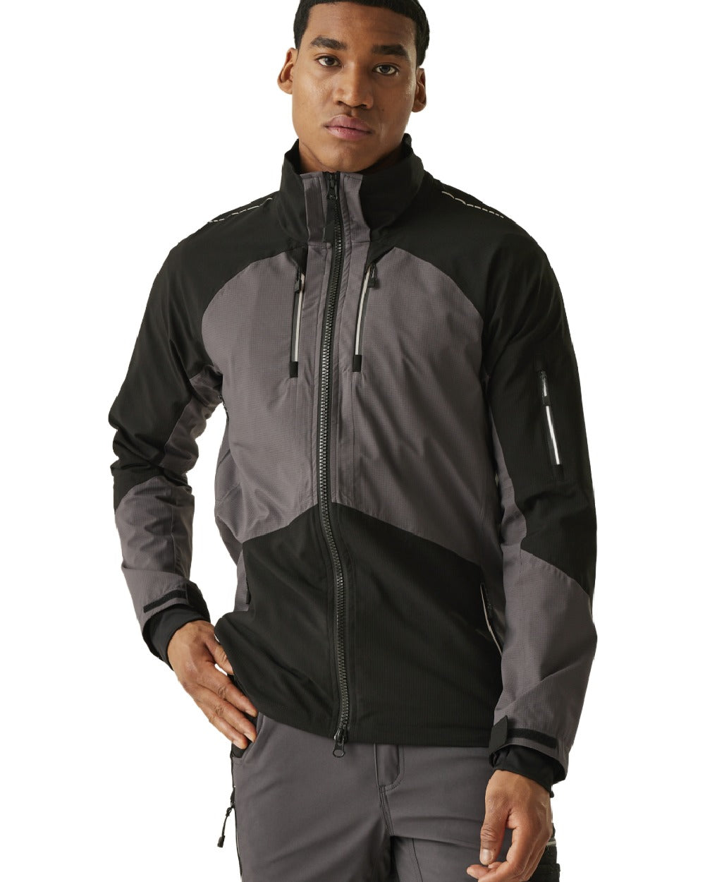 Slate Grey Black coloured Regatta Mens 4Tex Stretch Waterproof Shell Jacket on white background