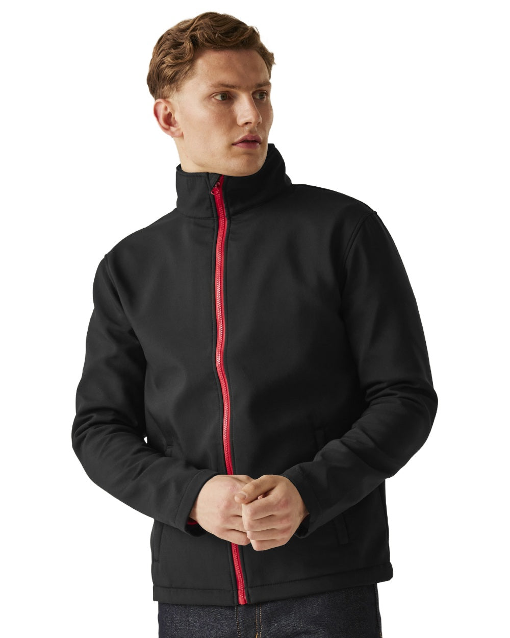 Black Classic Red coloured Regatta Mens Ablaze Printable Softshell Jacket on white background