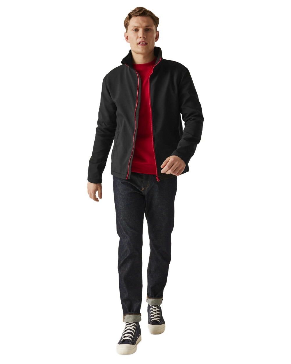 Black Classic Red coloured Regatta Mens Ablaze Printable Softshell Jacket on white background