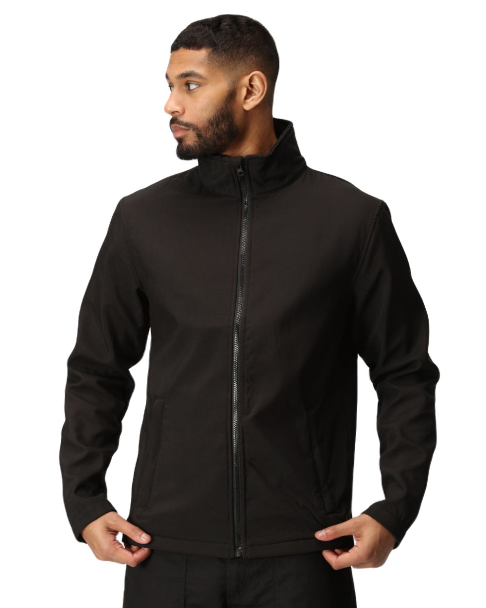 Black coloured Regatta Mens Ablaze Printable Softshell Jacket on white background