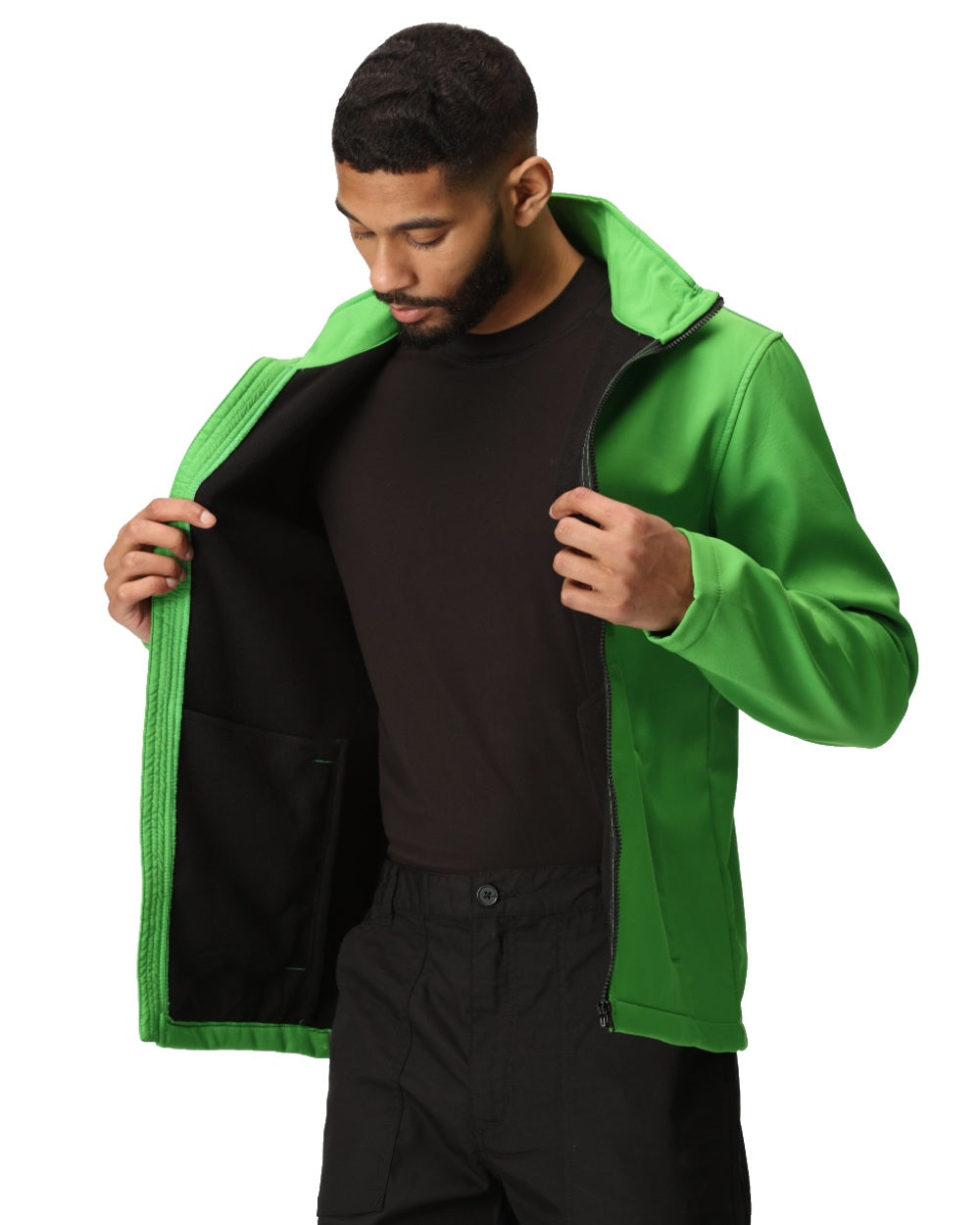 Extreme Green Black coloured Regatta Mens Ablaze Printable Softshell Jacket on white background
