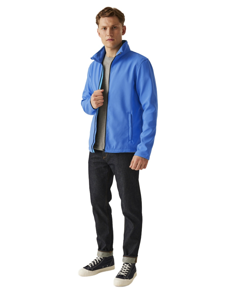 French Blue Navy coloured Regatta Mens Ablaze Printable Softshell Jacket on white background