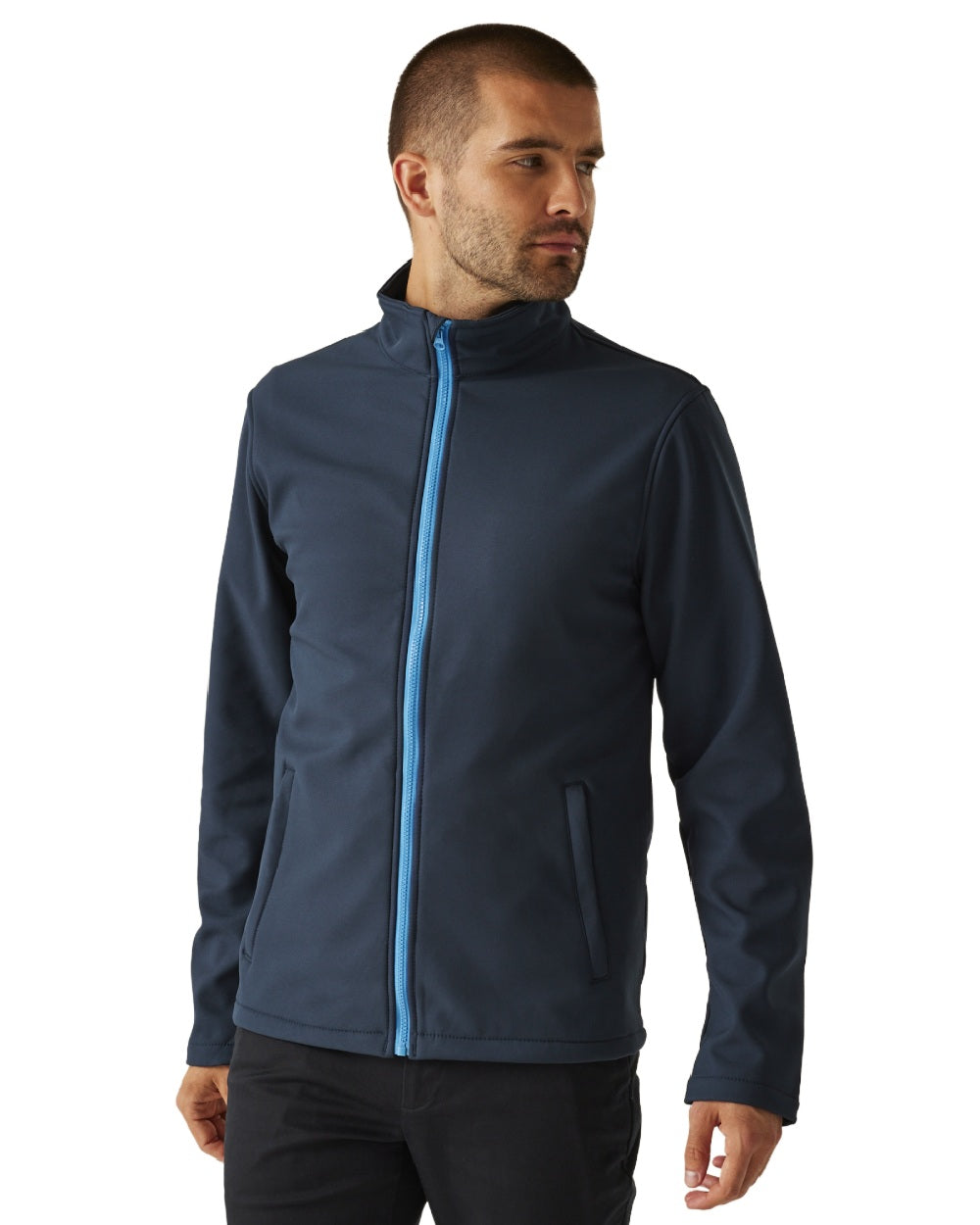 Navy French Blue coloured Regatta Mens Ablaze Printable Softshell Jacket on white background