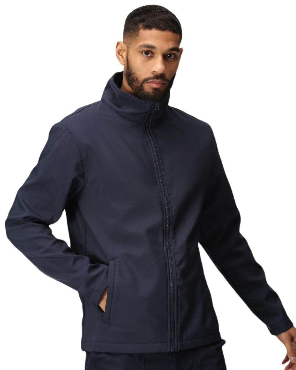 Navy coloured Regatta Mens Ablaze Printable Softshell Jacket on white background