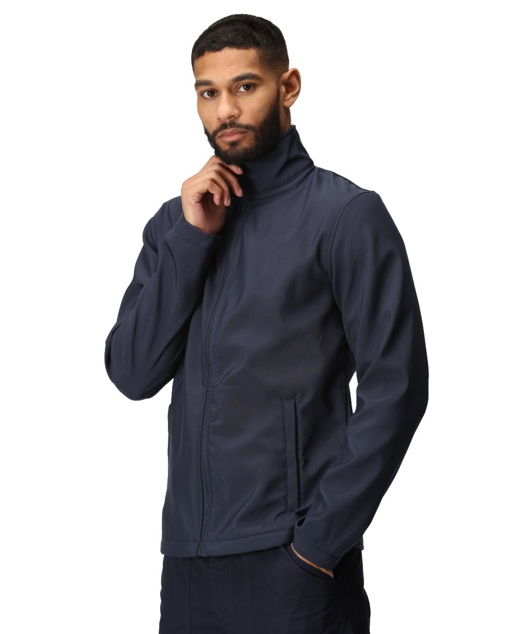 Navy coloured Regatta Mens Ablaze Printable Softshell Jacket on white background