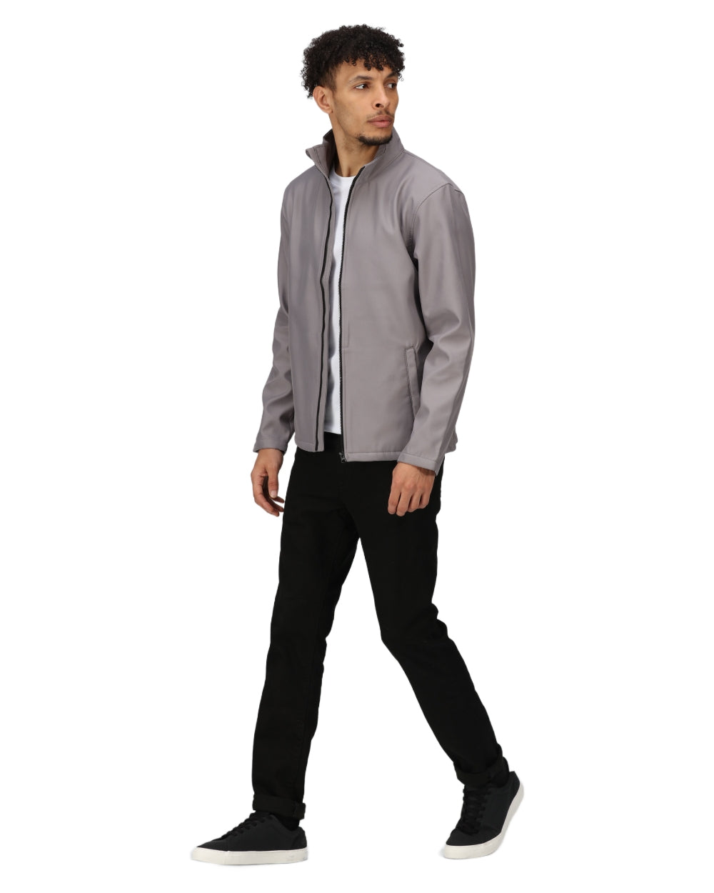 Rock Grey Black coloured Regatta Mens Ablaze Printable Softshell Jacket on white background