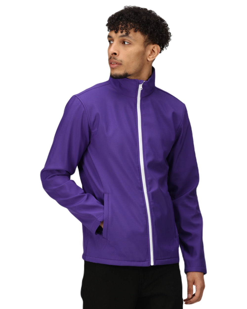 Vibrant Purple Black coloured Regatta Mens Ablaze Printable Softshell Jacket on white background