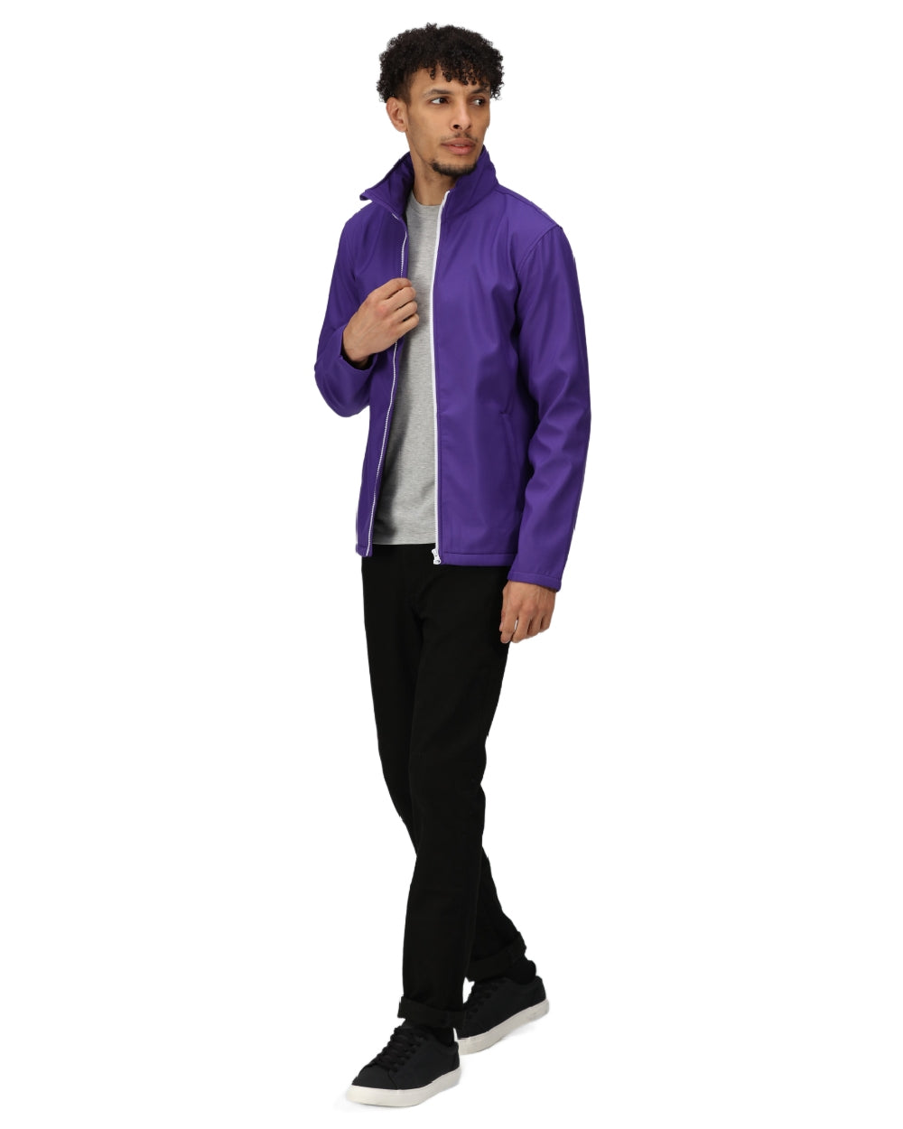 Vibrant Purple Black coloured Regatta Mens Ablaze Printable Softshell Jacket on white background