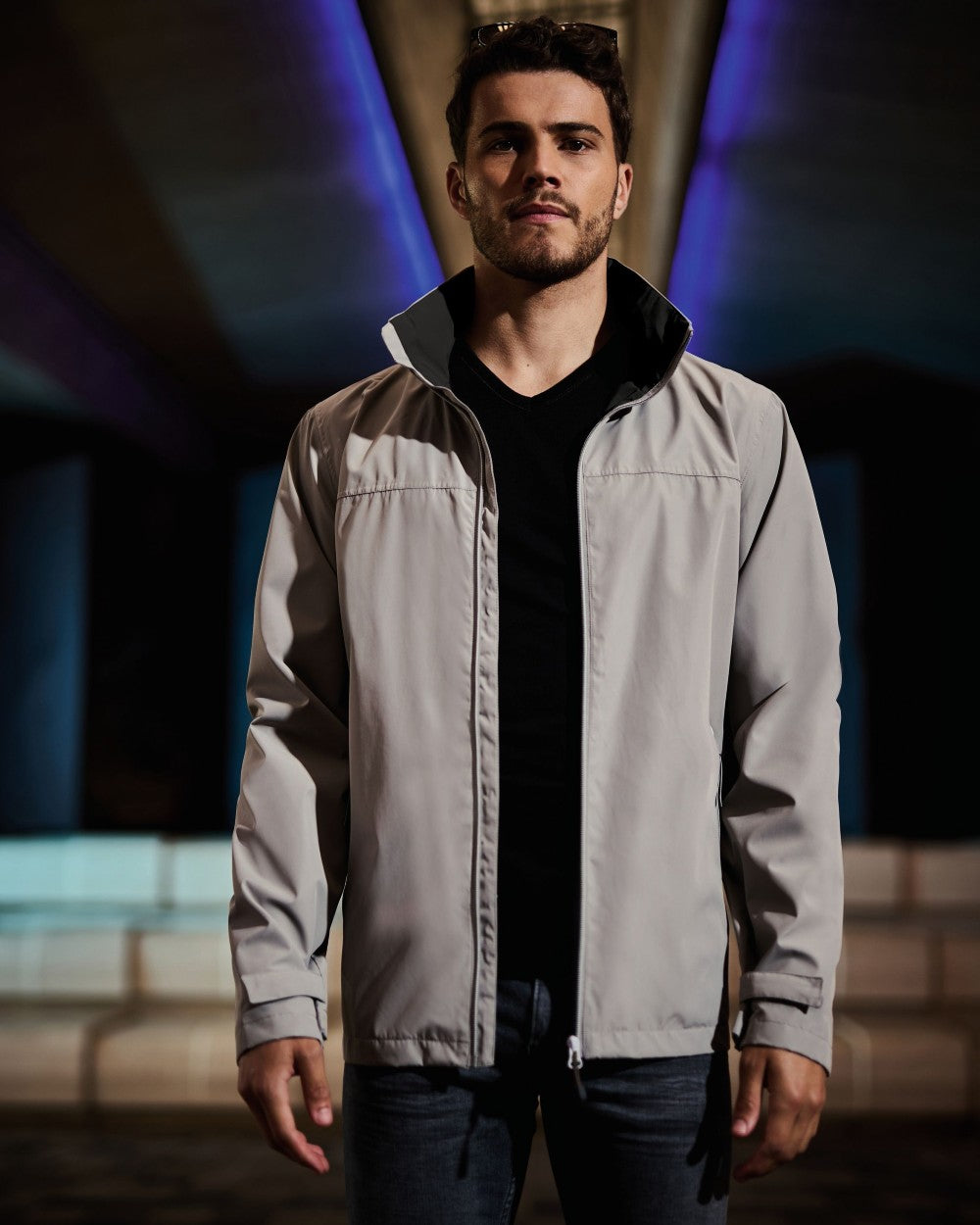 Mineral Grey Black coloured Regatta Mens Ascender Waterproof Shell Jacket on blurry background