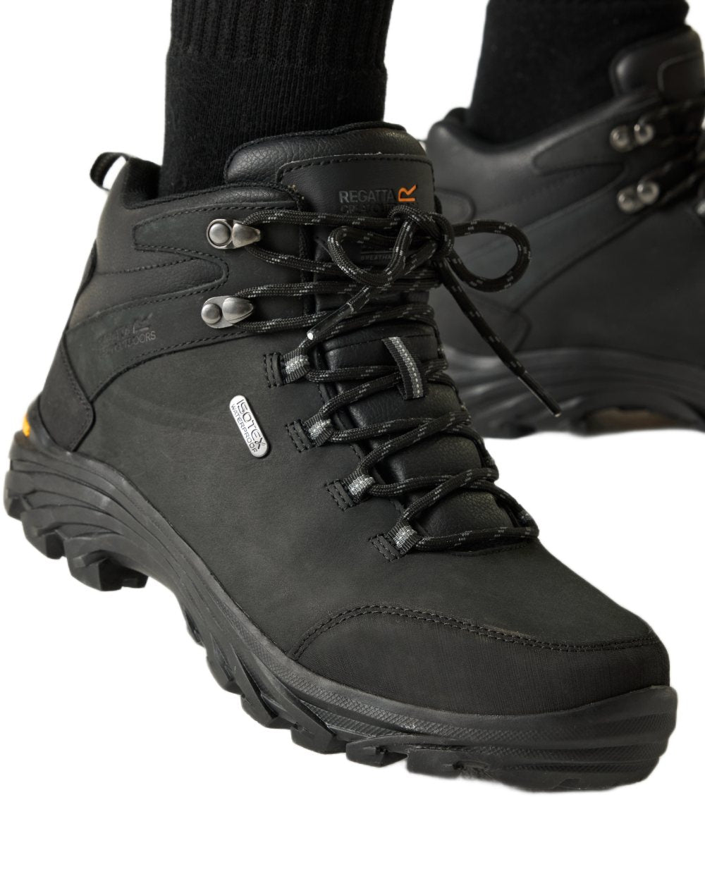 Black Coloured Regatta Mens Burrell Leather Waterproof Walking Boots on white background