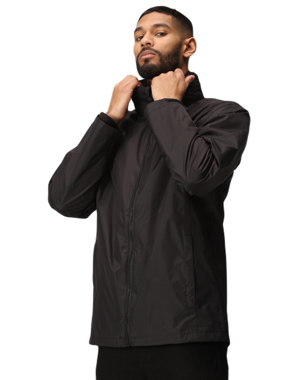 Black coloured Regatta Mens Classic Waterproof 3 in 1 Jacket on white background