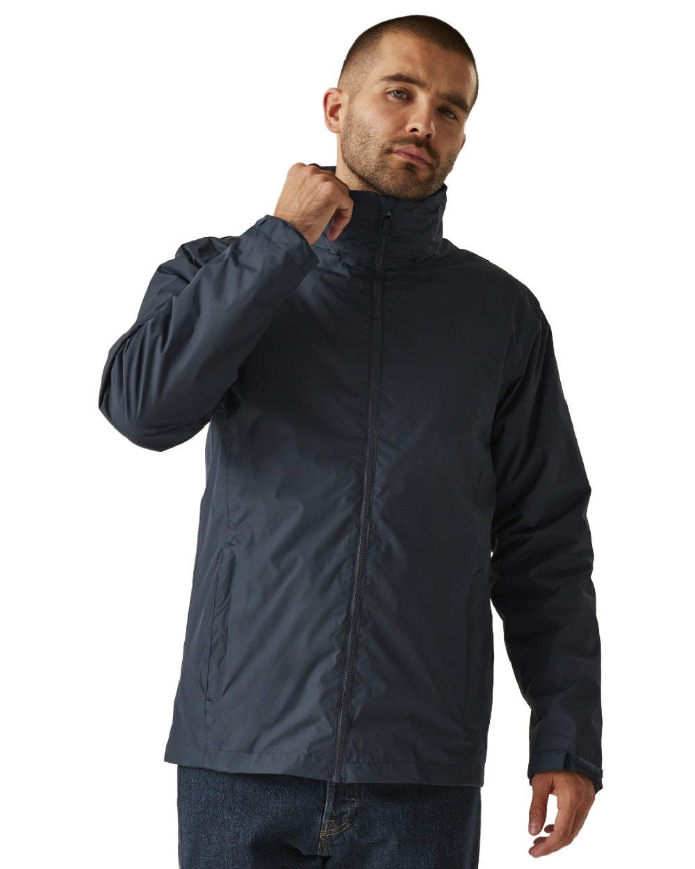 Navy coloured Regatta Mens Classic Waterproof 3 in 1 Jacket on white background