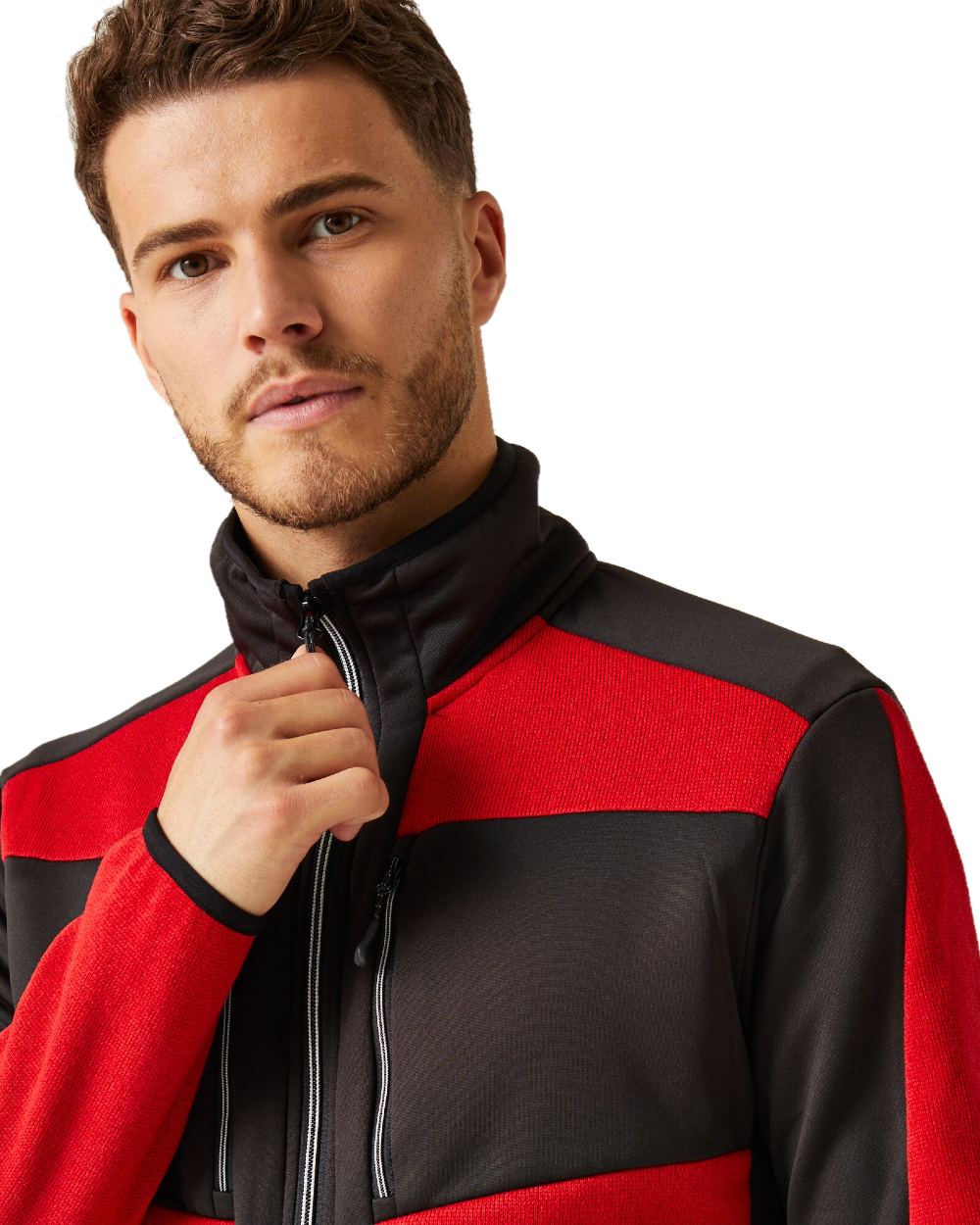 Classic Red Black coloured Regatta Mens E-Volve Stretch Midlayer Fleece Jacket on white background