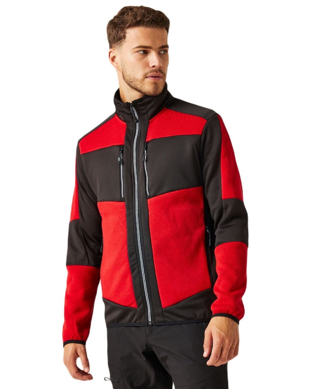 Classic Red Black coloured Regatta Mens E-Volve Stretch Midlayer Fleece Jacket on white background