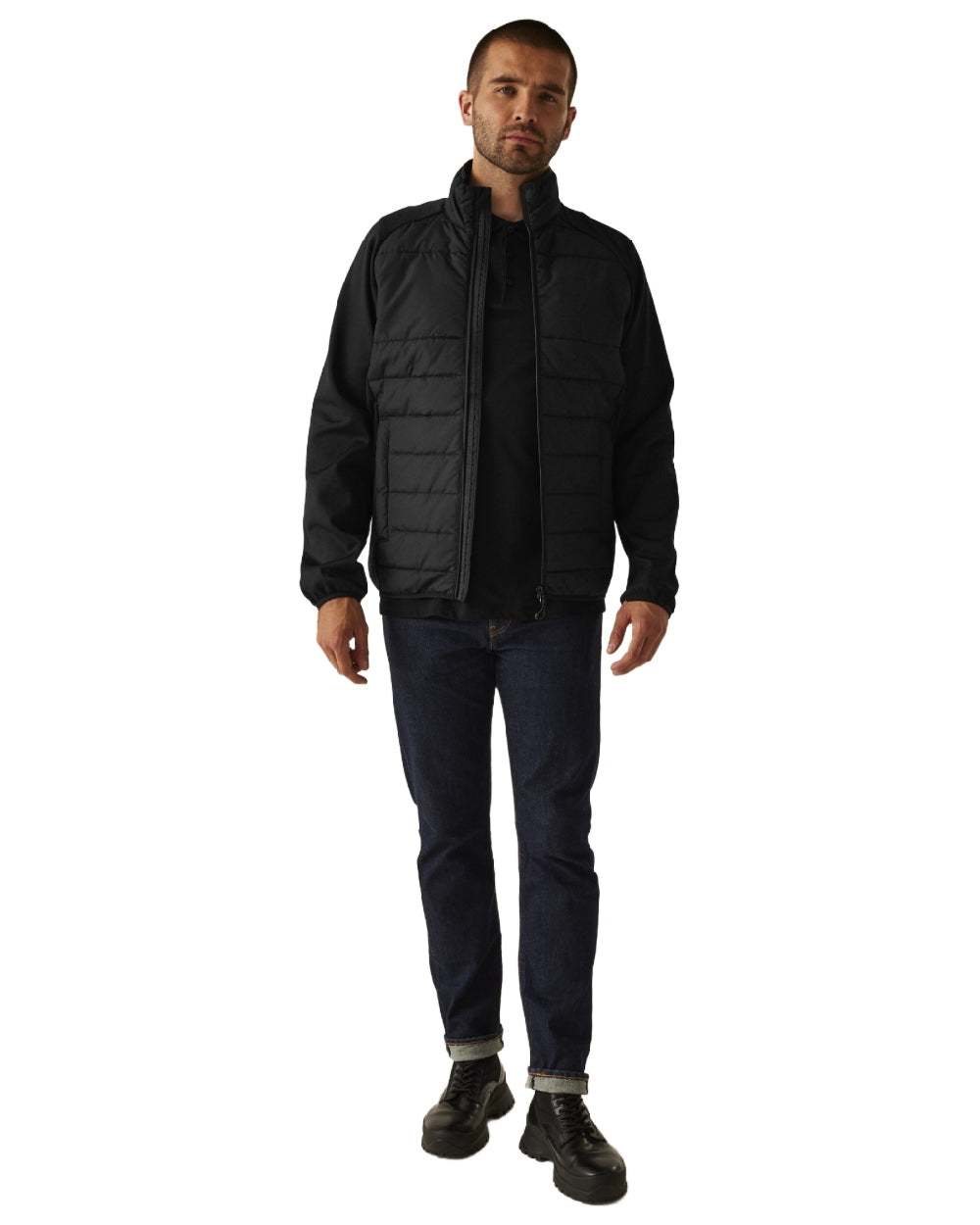 Black coloured Regatta Mens Essential Hybrid Jacket on white background