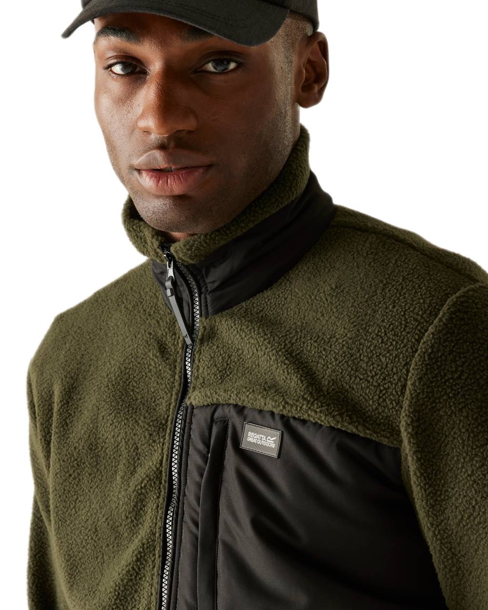 Black Dark Khaki Coloured Regatta Mens Frankie Borg Hybrid Full Zip Fleece Jacket on white background