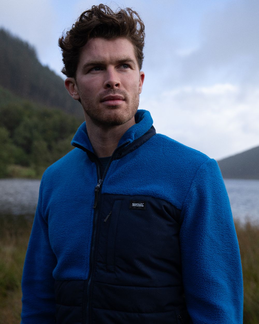Navy Blue Coloured Regatta Mens Frankie Borg Hybrid Full Zip Fleece Jacket on outdoor background