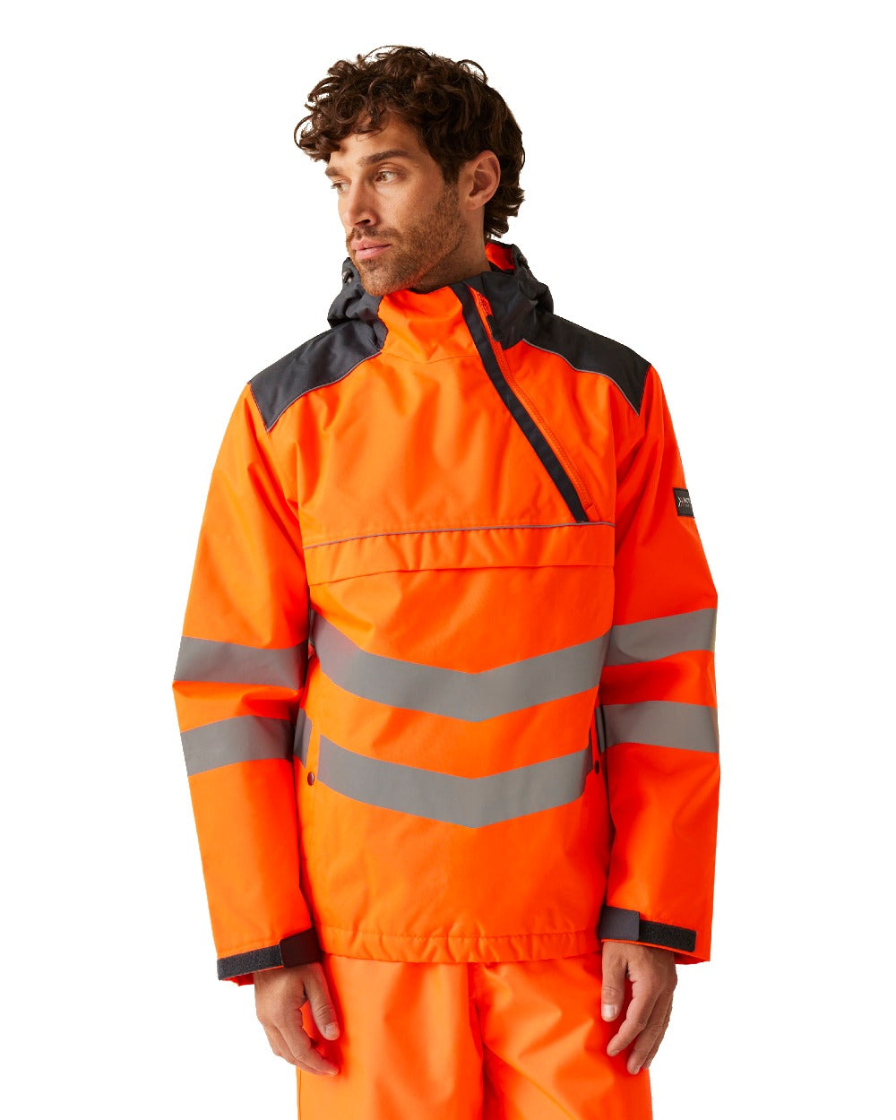 Orange Grey coloured Regatta Mens Hi-Vis Waterproof Insulated Reflective Overhead Bomber Jacket on white background