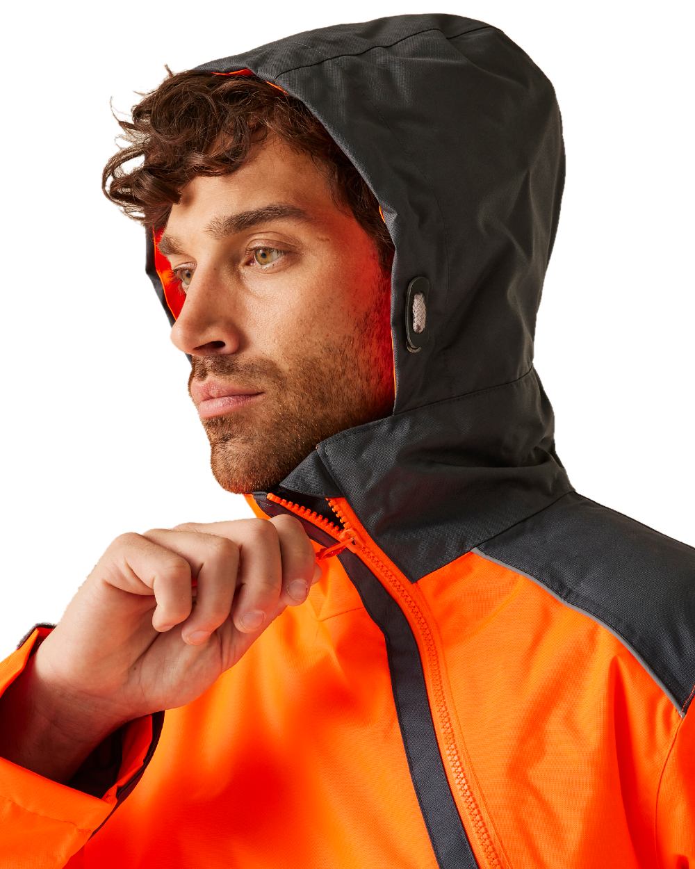 Orange Grey coloured Regatta Mens Hi-Vis Waterproof Insulated Reflective Overhead Bomber Jacket on white background