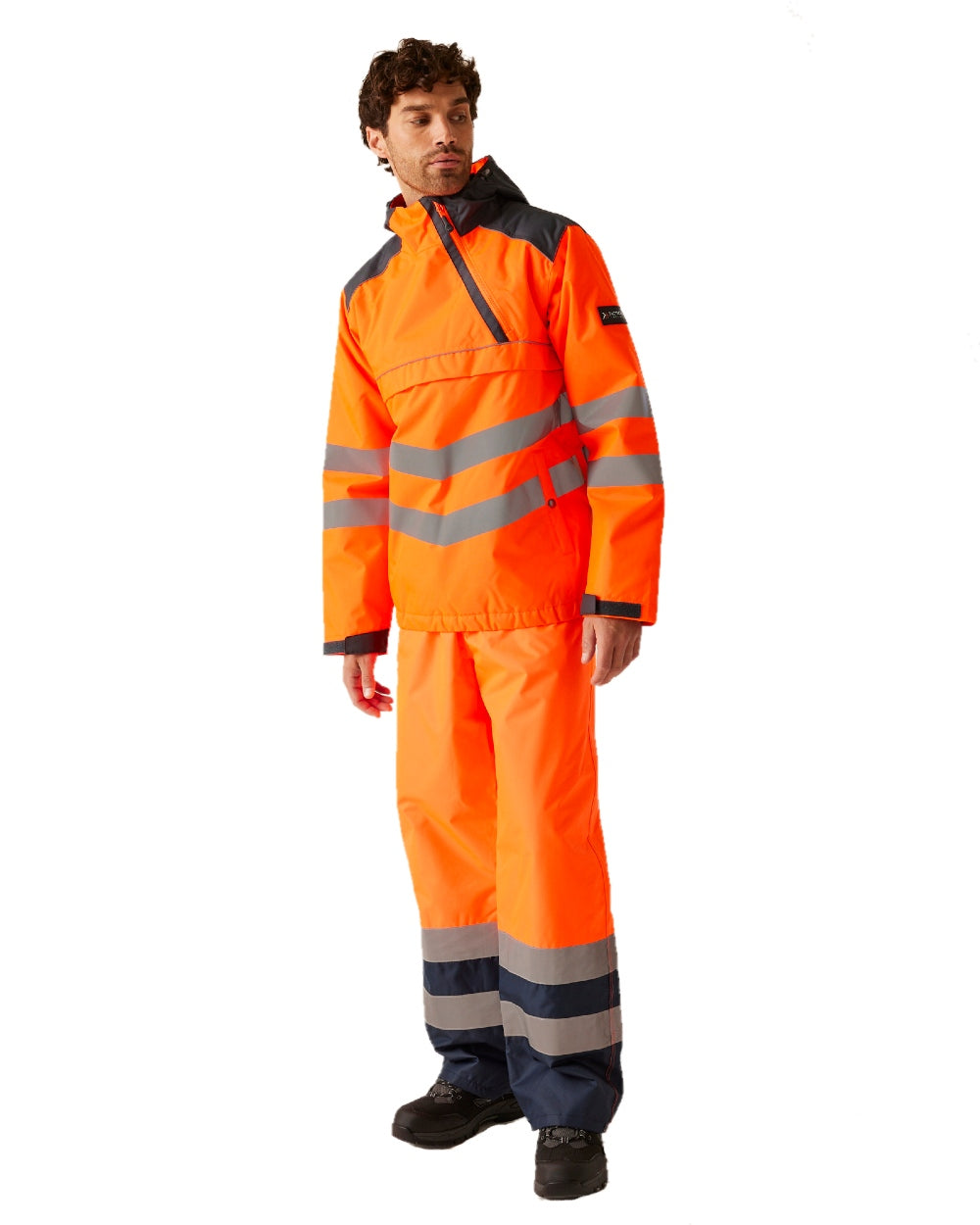 Orange Grey coloured Regatta Mens Hi-Vis Waterproof Insulated Reflective Overhead Bomber Jacket on white background