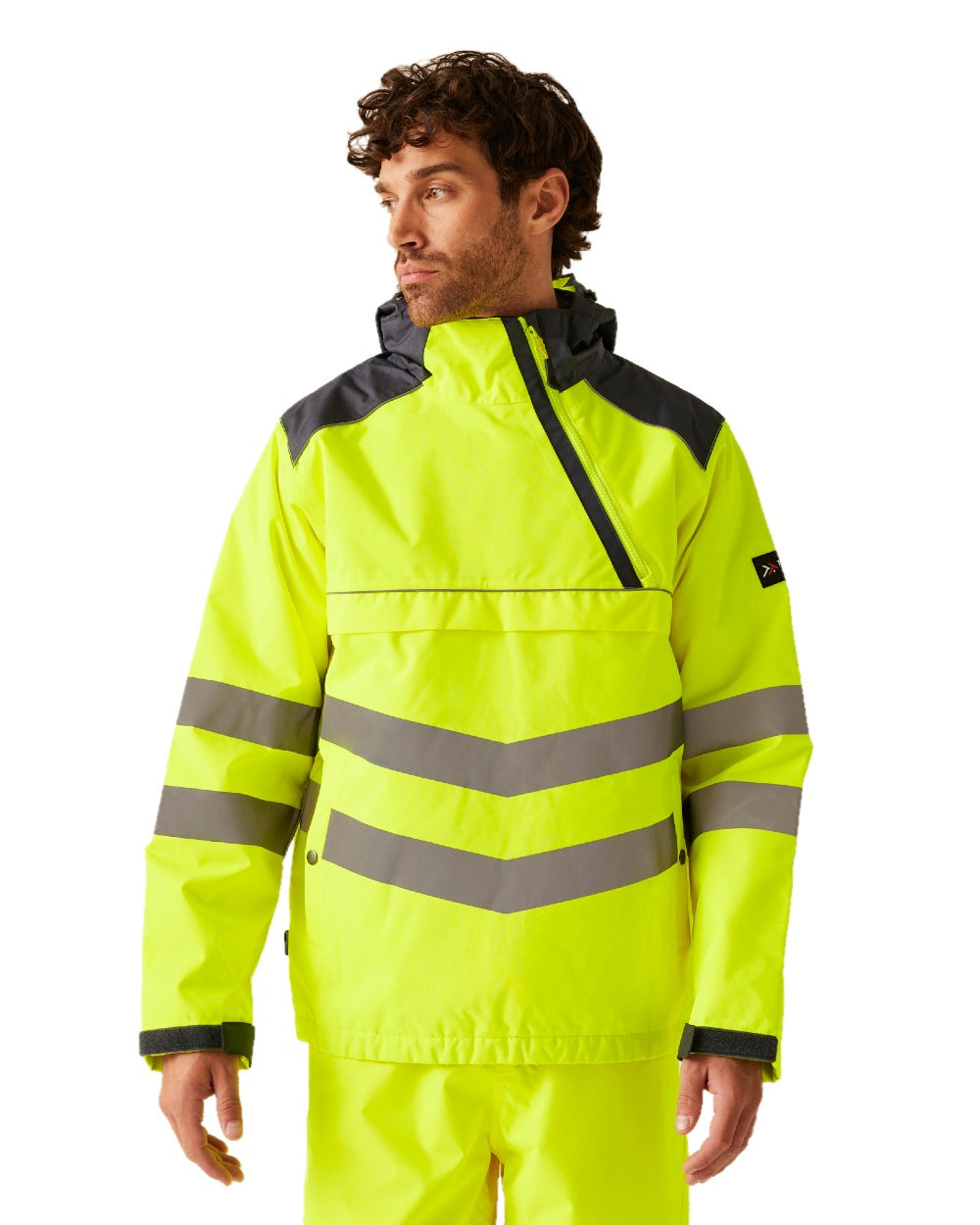 Yellow Grey coloured Regatta Mens Hi-Vis Waterproof Insulated Reflective Overhead Bomber Jacket on white background