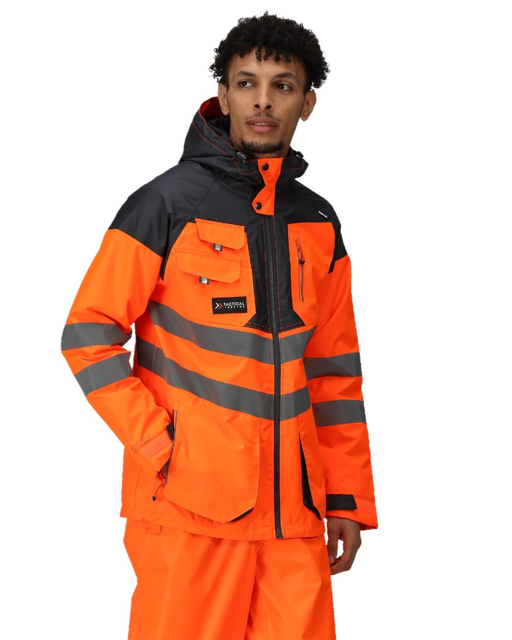 Orange Grey coloured Regatta Mens Hi-Vis Waterproof Reflective Parka Jacket on white background