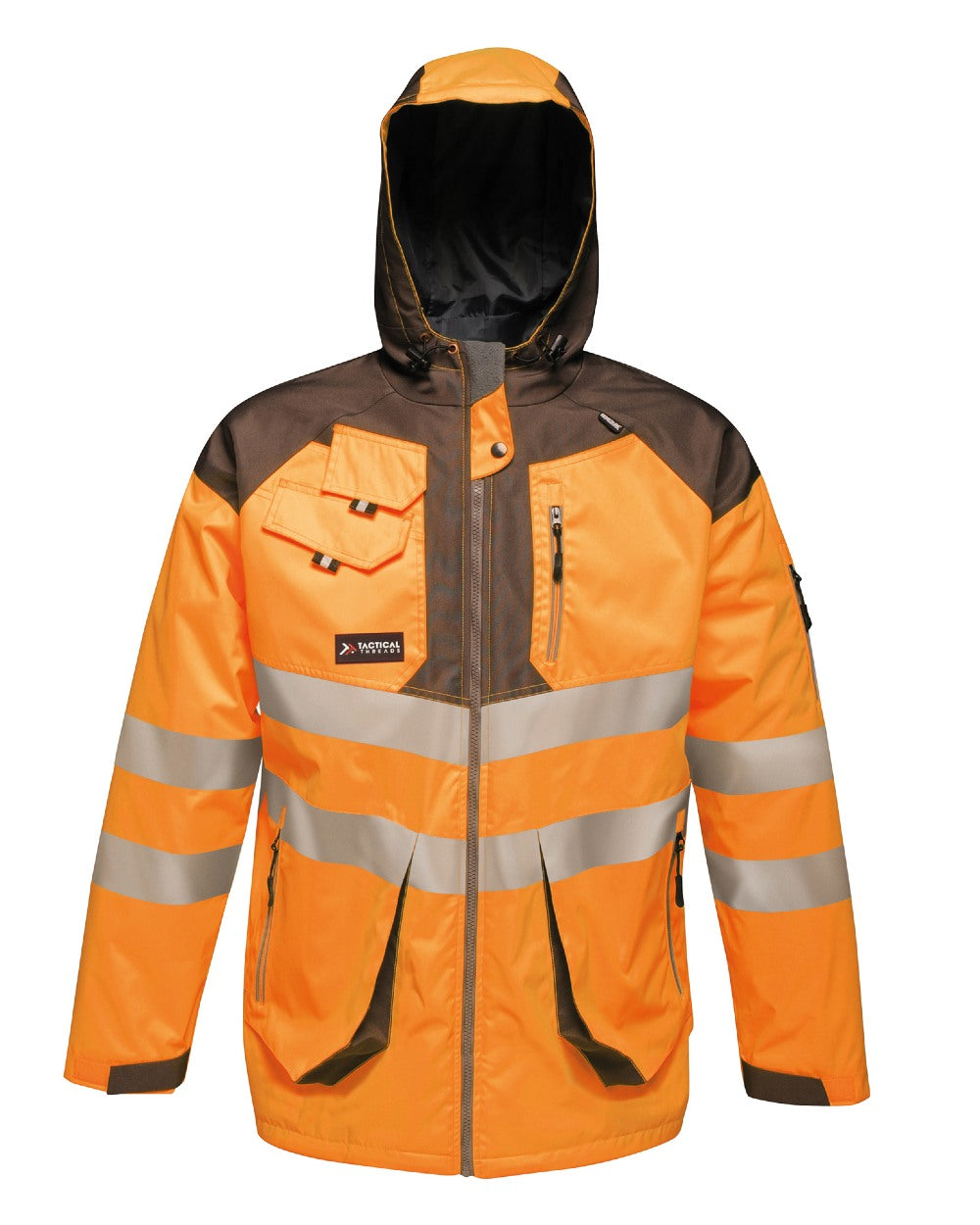 Orange Grey coloured Regatta Mens Hi-Vis Waterproof Reflective Parka Jacket on white background