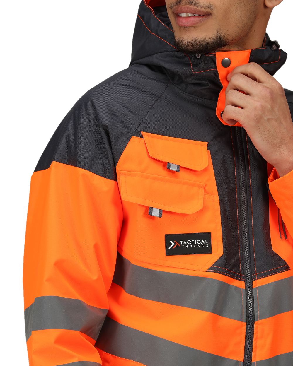 Orange Grey coloured Regatta Mens Hi-Vis Waterproof Reflective Parka Jacket on white background
