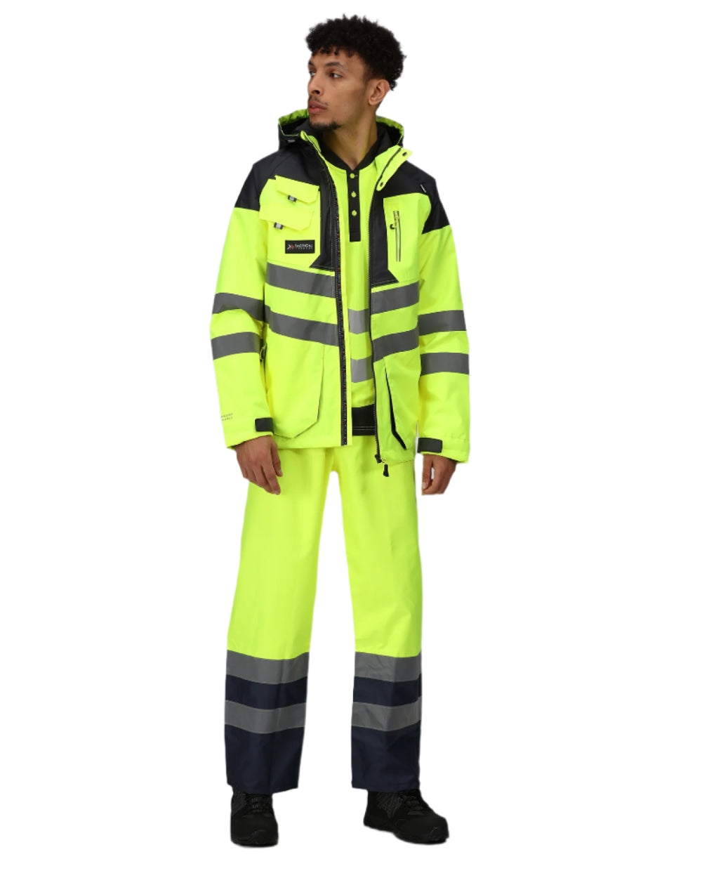 Yellow Grey coloured Regatta Mens Hi-Vis Waterproof Reflective Parka Jacket on black background