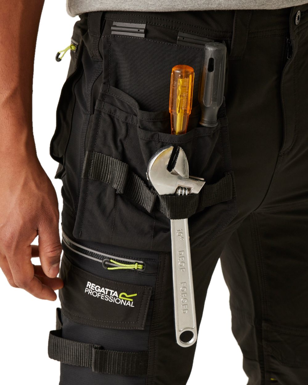 Black coloured Regatta Mens Infiltrate Softshell Stretch Trousers on white background