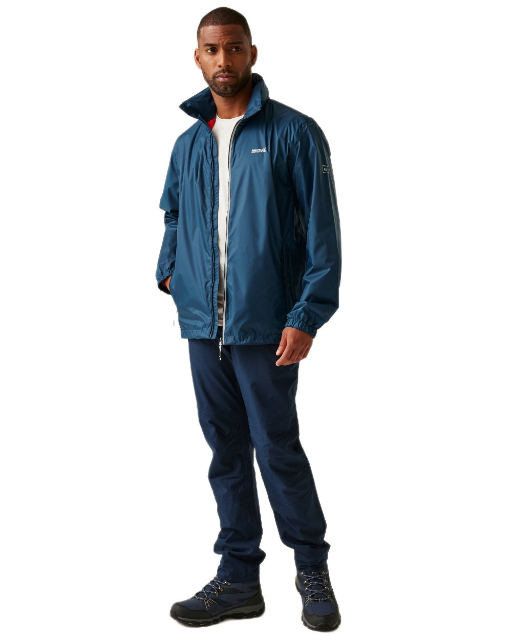 Moonlight Denim Tangerine Tango Coloured Regatta Mens Lyle IV Waterproof Packaway Jacket on white background