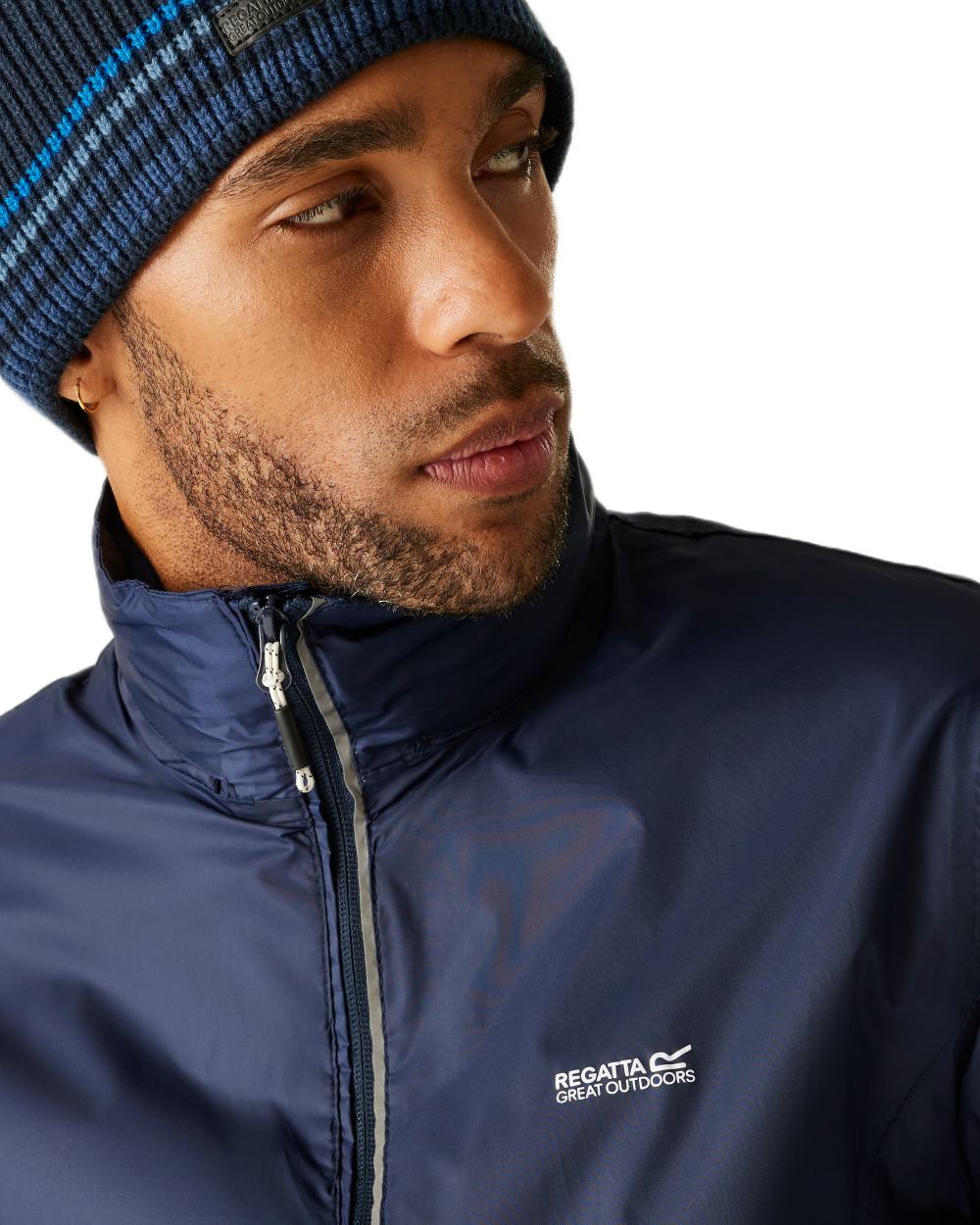 Navy Coloured Regatta Mens Lyle IV Waterproof Packaway Jacket on white background