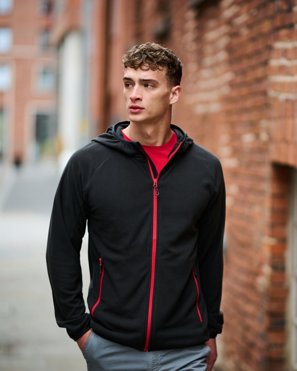 Black Classic Red coloured Regatta Mens Navigate Full-Zip Fleece Jacket on blurry background