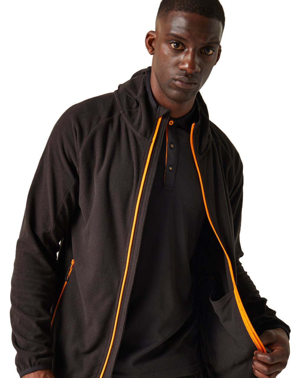 Black Orange Pop coloured Regatta Mens Navigate Full-Zip Fleece Jacket on white background