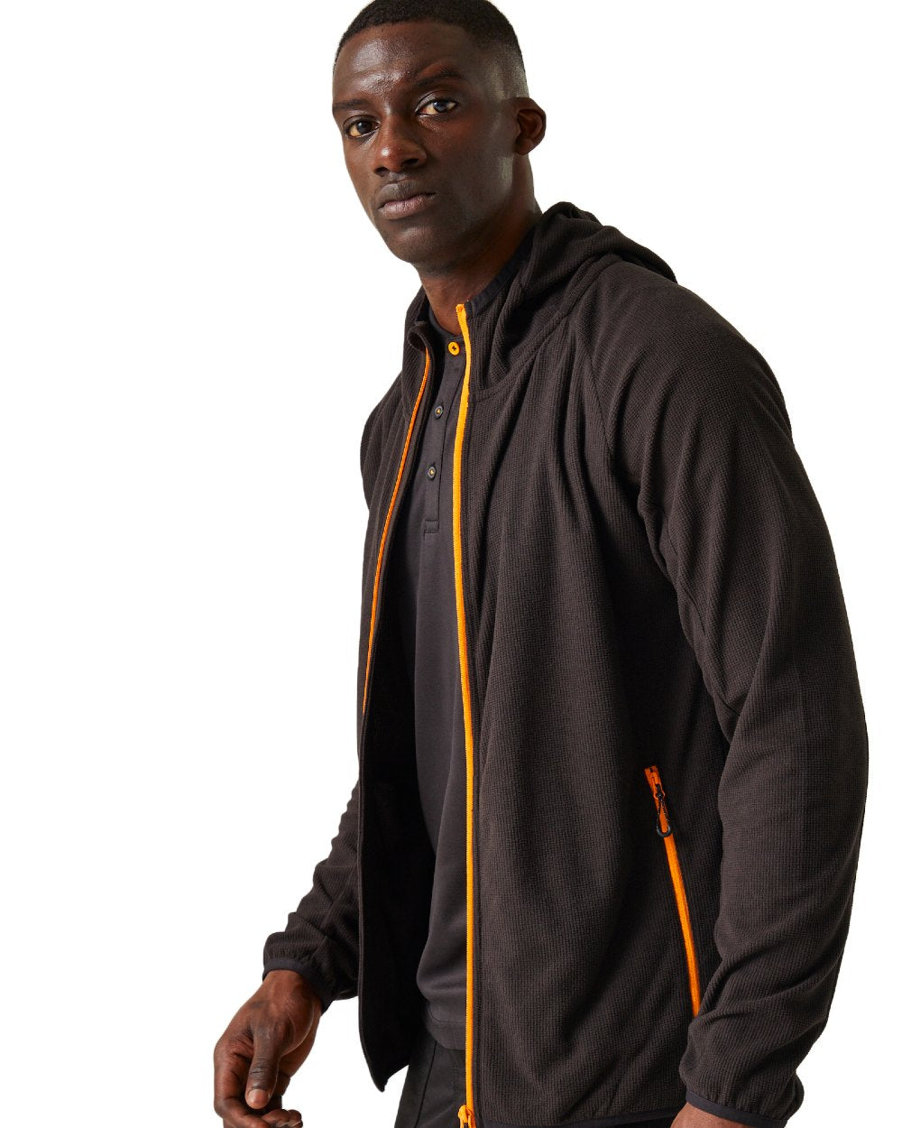 Black Orange Pop coloured Regatta Mens Navigate Full-Zip Fleece Jacket on white background