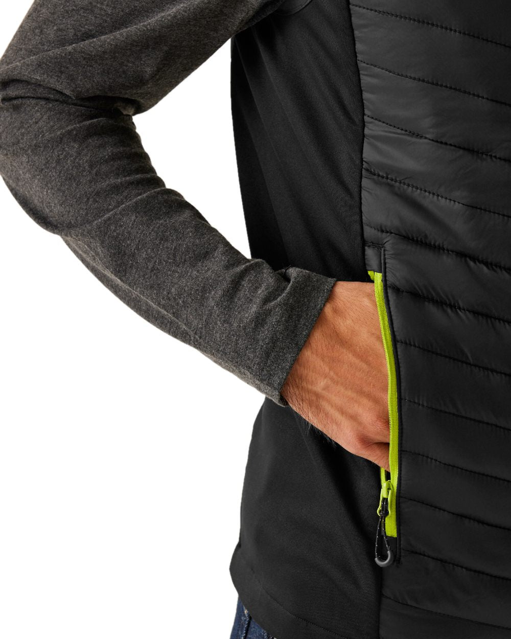 Black Lime Green coloured Regatta Mens Navigate Hybrid Bodywarmer on white background