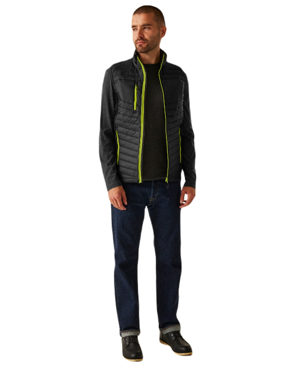 Black Lime Green coloured Regatta Mens Navigate Hybrid Bodywarmer on white background
