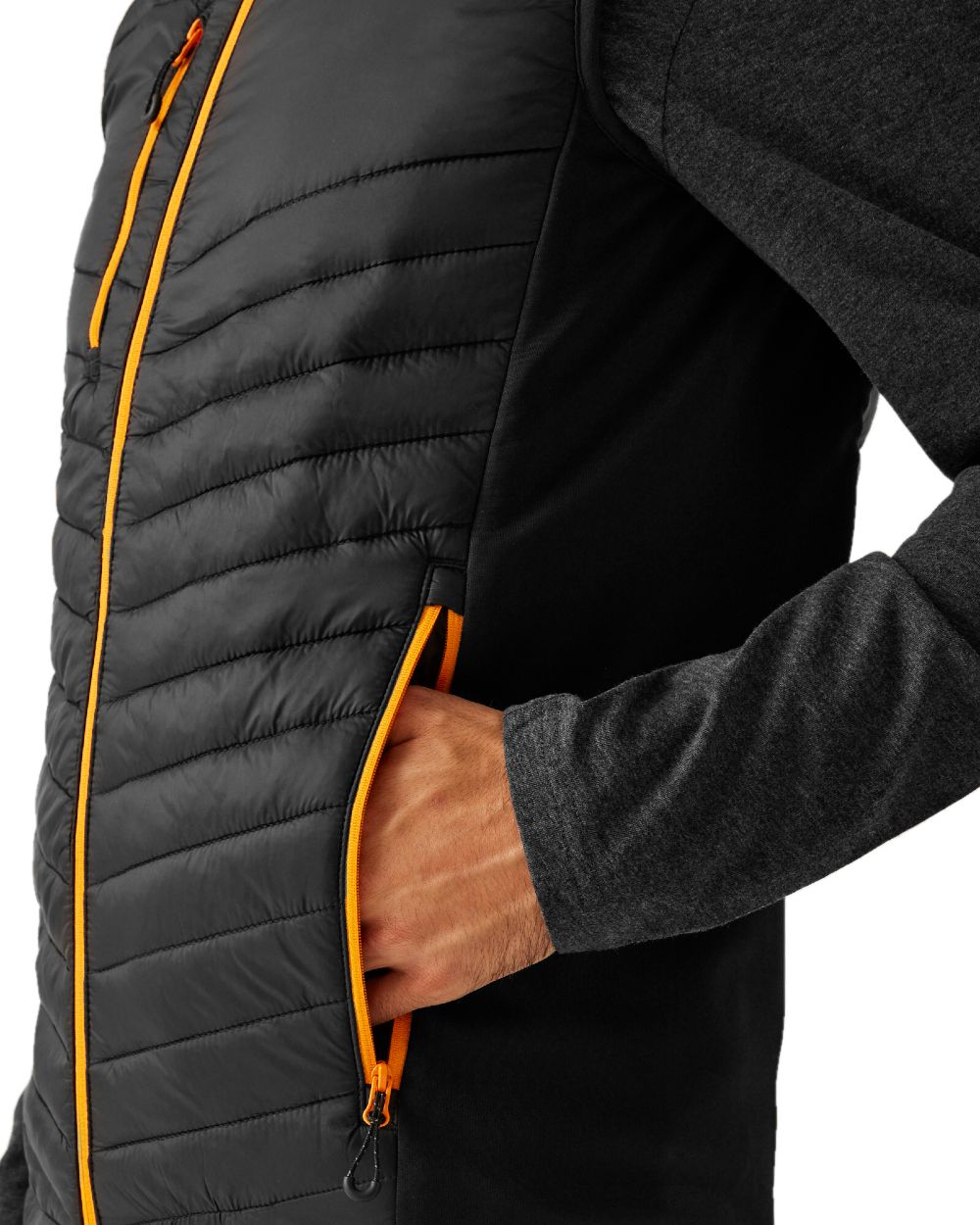 Black Orange Pop coloured Regatta Mens Navigate Hybrid Bodywarmer on white background