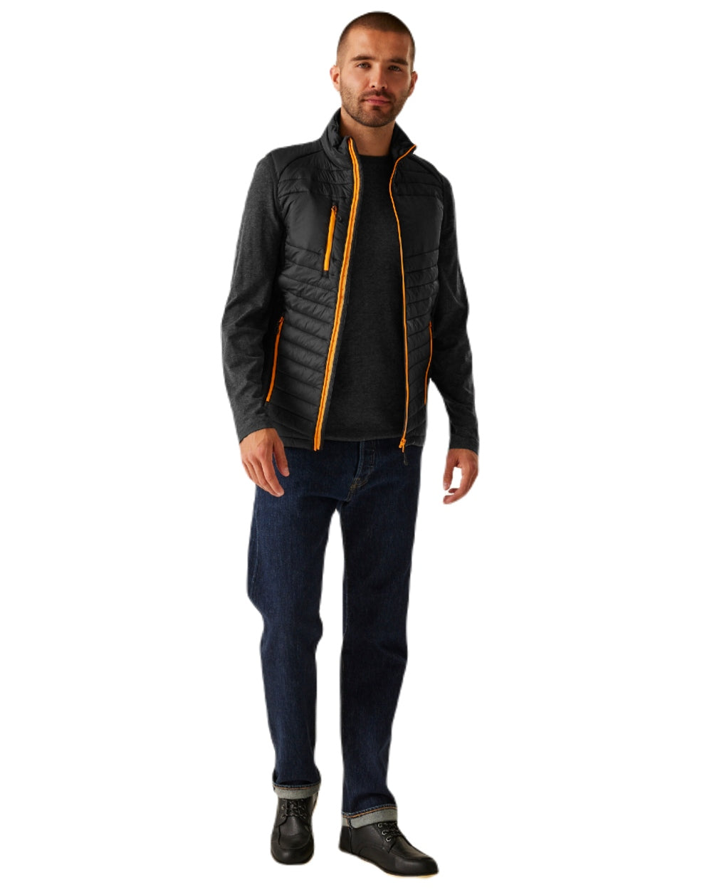 Black Orange Pop coloured Regatta Mens Navigate Hybrid Bodywarmer on white background