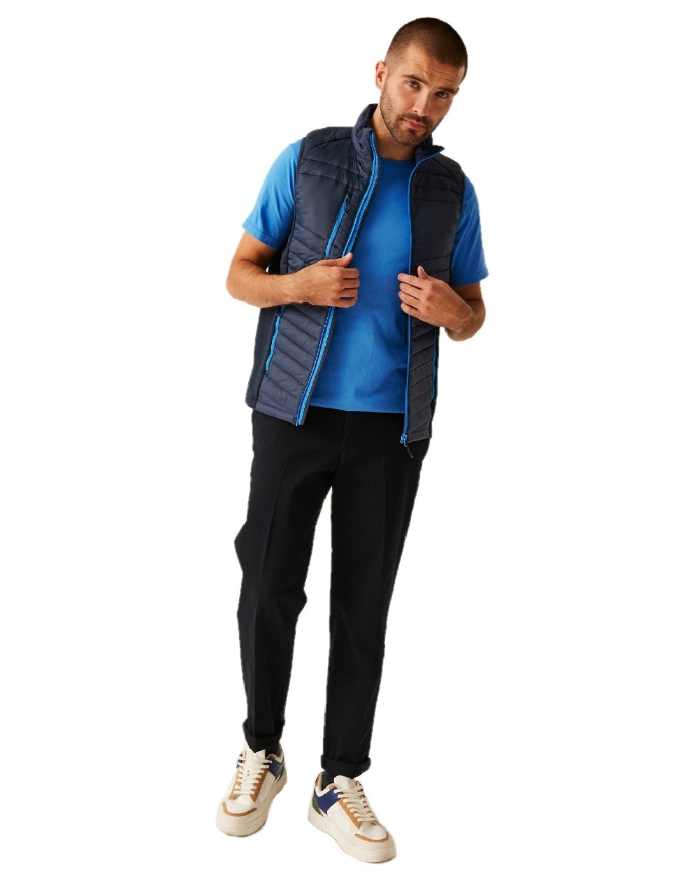 Navy French Blue coloured Regatta Mens Navigate Hybrid Bodywarmer on white background