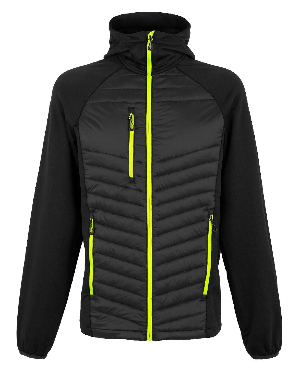 Black Lime Green coloured Regatta Mens Navigate Hybrid Jacket on white background